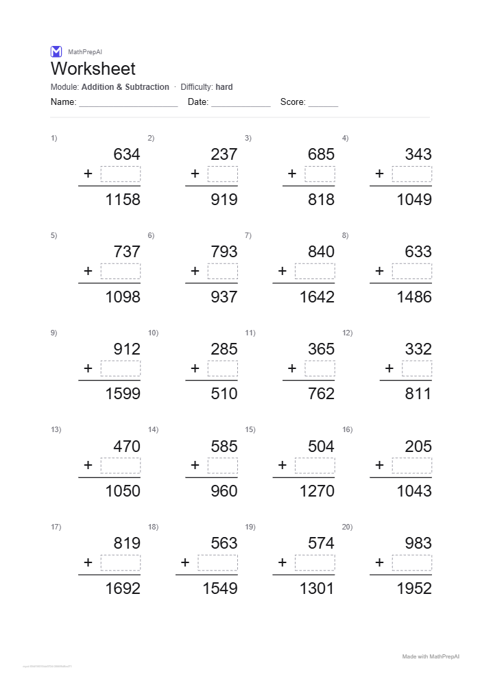 Addition Worksheet G3(Hard)